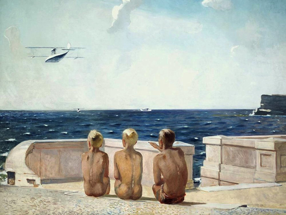 In the 1930s, the artist painted pictures on the theme of aviation. A true masterpiece in this series is “Future pilots” (1937), one of Deineka’s most romantic paintings, which depicts three adolescents sitting with their back to the viewer, dreamily gazing after a plane flying away.