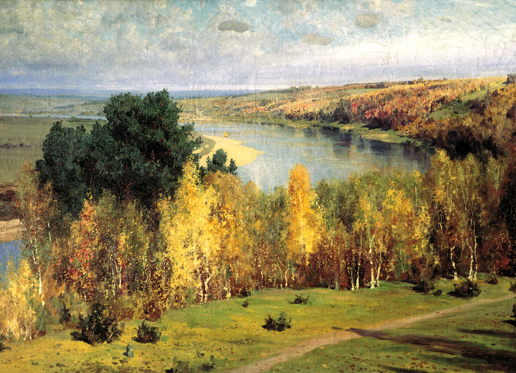 ポレノフが描いた多くの絵画は、オカ川の岸を含め、彼が人生の中でも長い期間を過ごした思い入れのある場所を描いたものである。彼の作品「黄金色の秋」も例外ではなく、それはこの画家による最重要作品のひとつに数えられている。 // ヴァシーリイ・ポレノフ、「黄金色の秋」、1893年