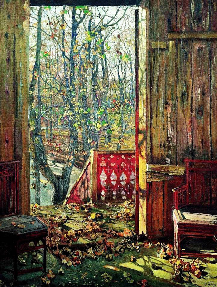 「落ち葉」はブロドスキーの最も著名な作品に数えられるものの一つだが、彼が風景画を描いたのはめずらしい。この画家の作品のほとんどは、ソビエトの首脳たち、特にウラジーミル・レーニンとヨシフ・スターリンを描いた肖像画である。 // イサーク・ブロドスキー、「落ち葉」、1913年