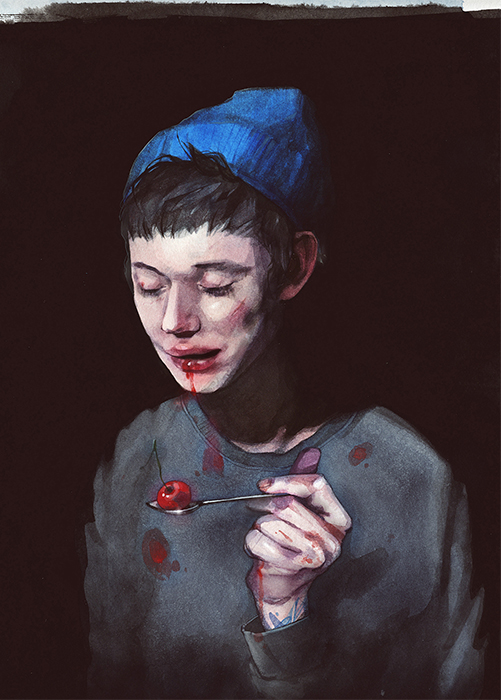 Today Dima illustrates books and magazines, organizes his own exhibits in Russia and abroad, and talks at some length about his plans for the future, all of them inseparable from his motherland. // Selfportrait with a cherry