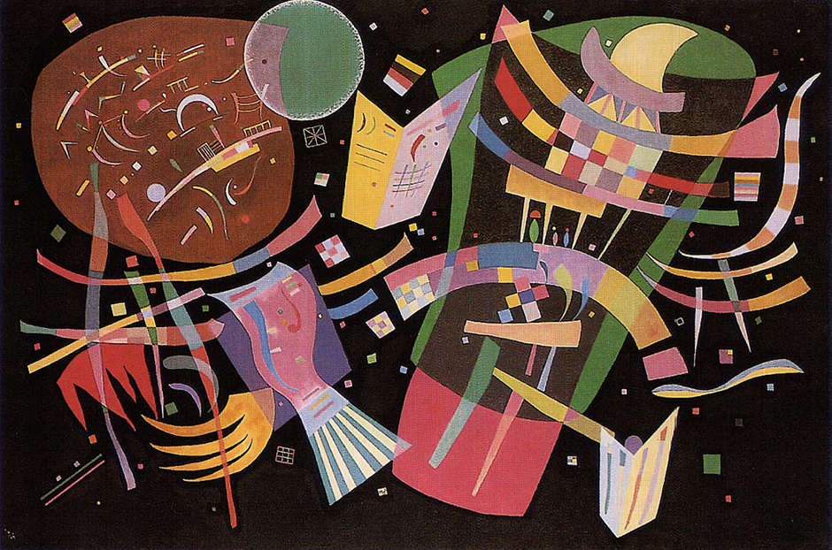 Le "Composizioni" abbracciano l'intero processo creativo di Kandinskij, dai suoi primi passi alla via verso l'astrattismo, fino al periodo parigino, quando abbandonò le rigide geometrie della tradizione del Bauhaus in favore di forme più leggere sotto l'influenza della scuola dei Surrealisti parigini, di cui facevano parte Joan Mirò e Jean Arp // Composizione X, 1939