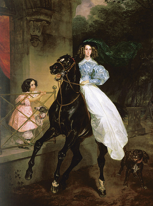 「馬乗の婦人」カール・ブリュローフ、1832/馬の力強い造形美がこの作品の主なモチーフ。