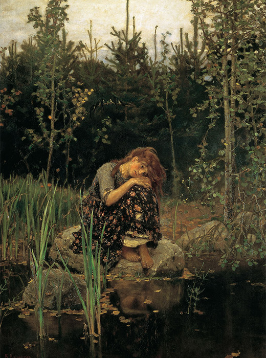 「アリョーヌシカ」ヴィクトル・ヴァスネツォフ、1881 /「アリョーヌシカ」は、ロシア民話からの登場人物である。ここでは、彼女は、農民の少女をモデルに、従順な孤児のかわいらしさと静かさを象徴している。