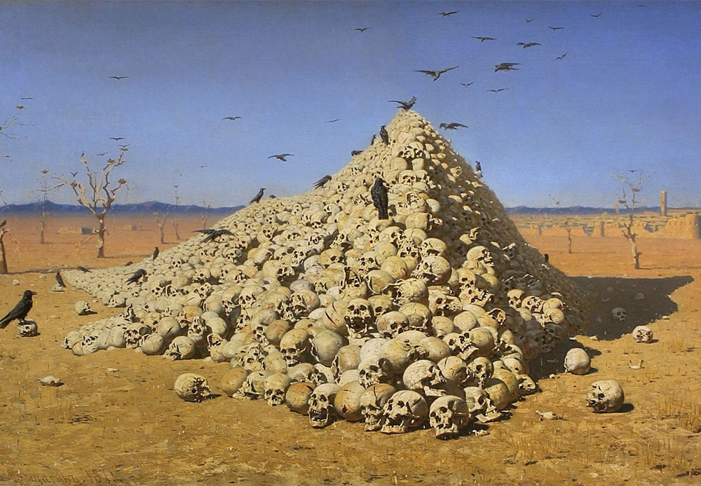 「戦争の結末」ヴァシーリー・ヴェレシチャーギン、1871/人間の頭蓋骨のピラミッドは、戦争の破壊力を伝える。