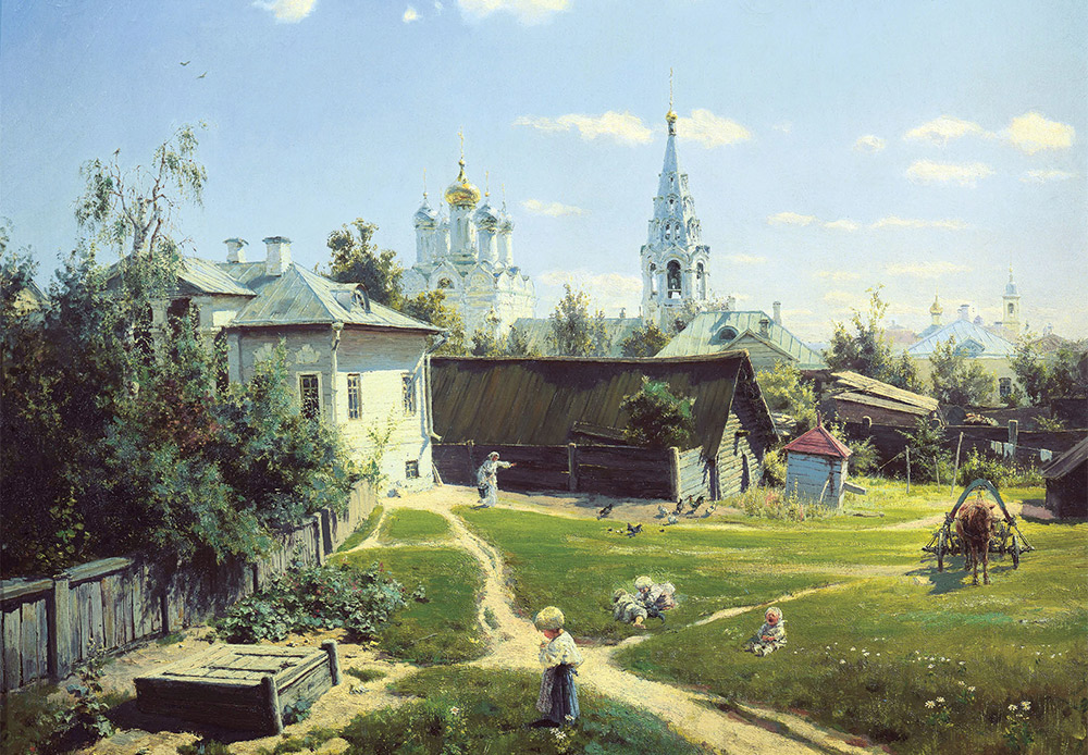 Ein Hof in Moskau. Wassili Polenow, 1878. Polenows berühmtes Gemälde zeigt das einfache traditionelle russische Leben. Die Kirche im Bild steht noch immer auf dem Arbat, mitten im Zentrum von Moskau.