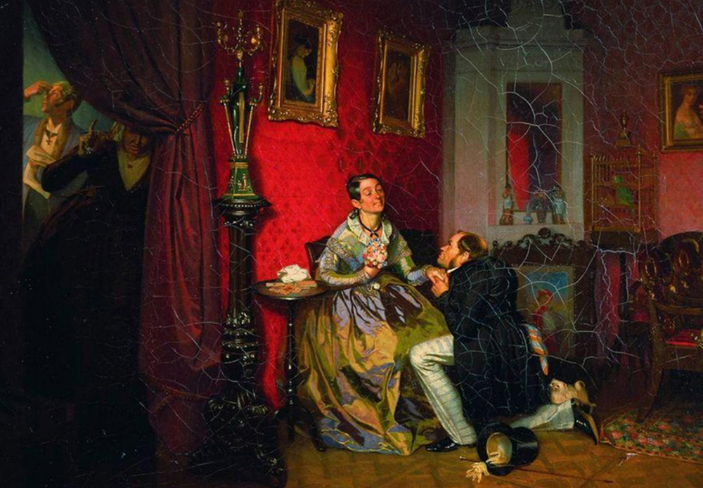 「選り好みする花嫁」パーヴェル・フェドートフ、1847 /パーヴェル・フェドートフの作品は、ロシアの村人の日常生活を描写することで有名。
