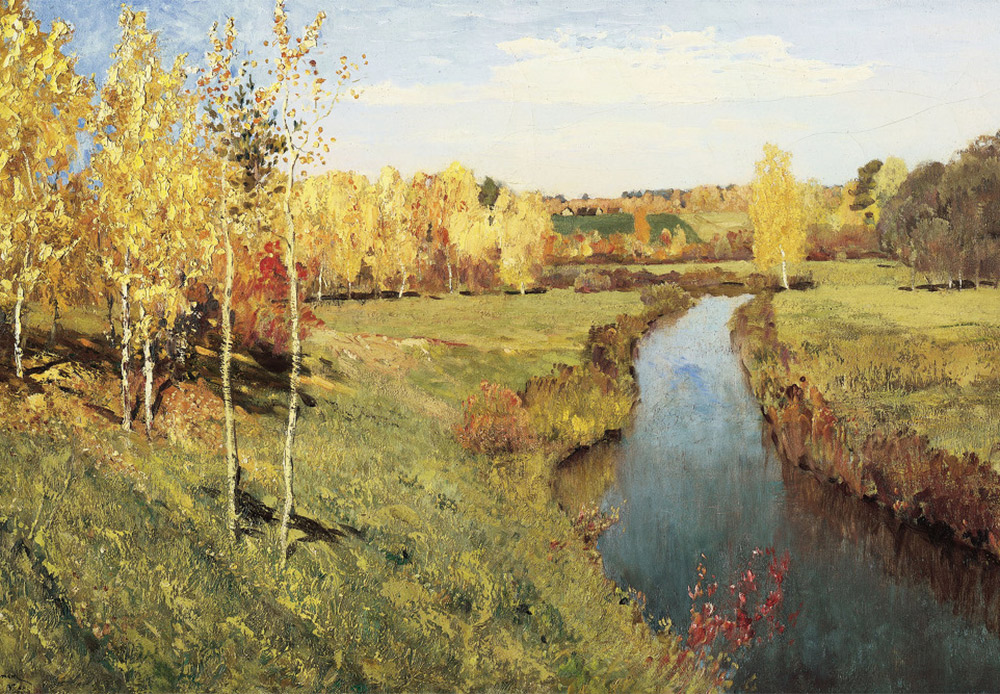 Goldener Herbst. Isaak Lewitan, 1895. Ein sehr heller Blick kombiniert mit einer freien impressionistischen Malweise.