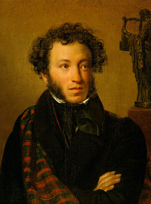 「アレクサンドル・プーシキンの肖像画」オレスト・キプレンスキー, 1827 /同時代人は、プーシキンをロシア詩の太陽と呼ぶ。重要事項：竪琴を持ったミューズの彫像が詩人の背後にある。
