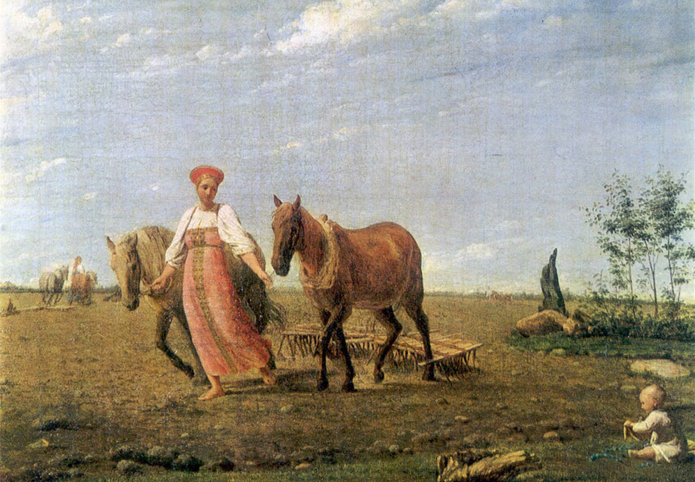 Auf dem Acker. Alexei Wenezianow, 1820er. Dieses Bild zeigt die pure Schönheit der urbildlichen Frau. Das Kind im Bild ist ein Zeichen für Fruchtbarkeit. Die Frau scheint über dem Boden zu schweben, bewegt sich langsam und anmutig.