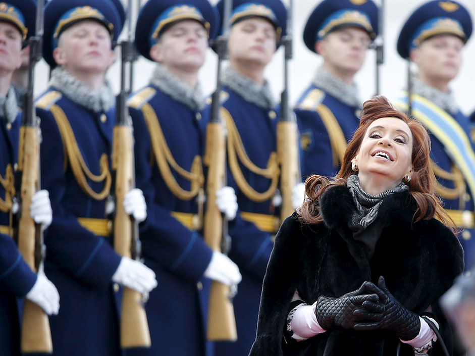 Argentinian President Cristina Kirchner reacts as she inspects the honor guard during a welcoming ceremony upon her arrival at Moscow's Vnukovo Airport, on April 21. Kirchner is in Russia for an official visit.