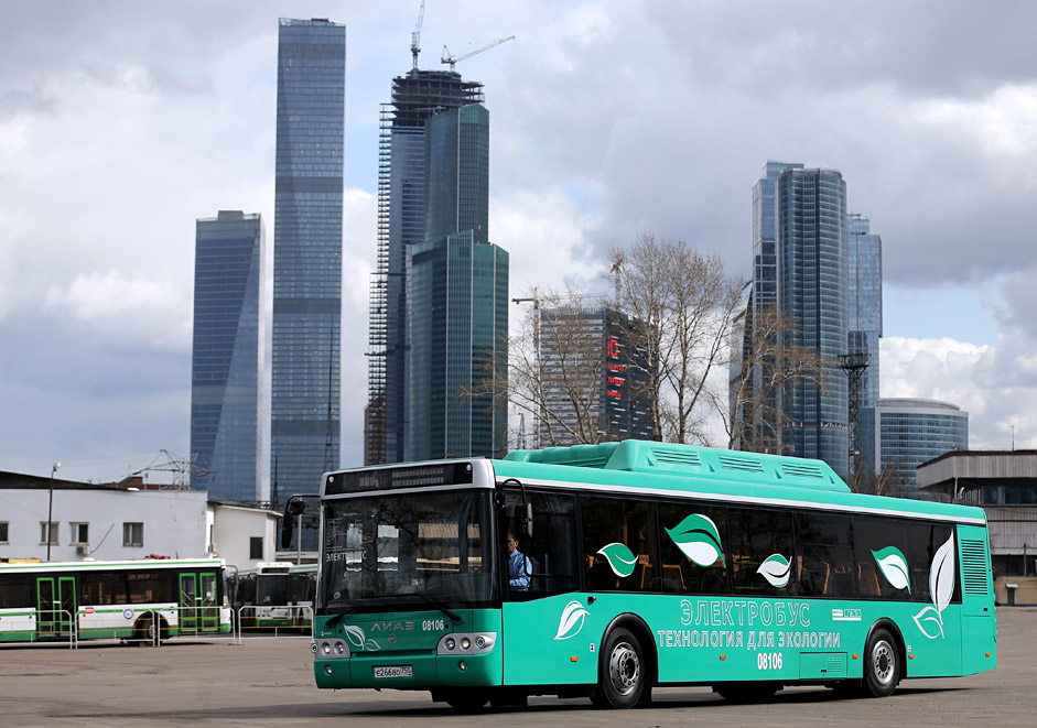 The first electric bus unveiled at bus terminal 8 in Moscow.