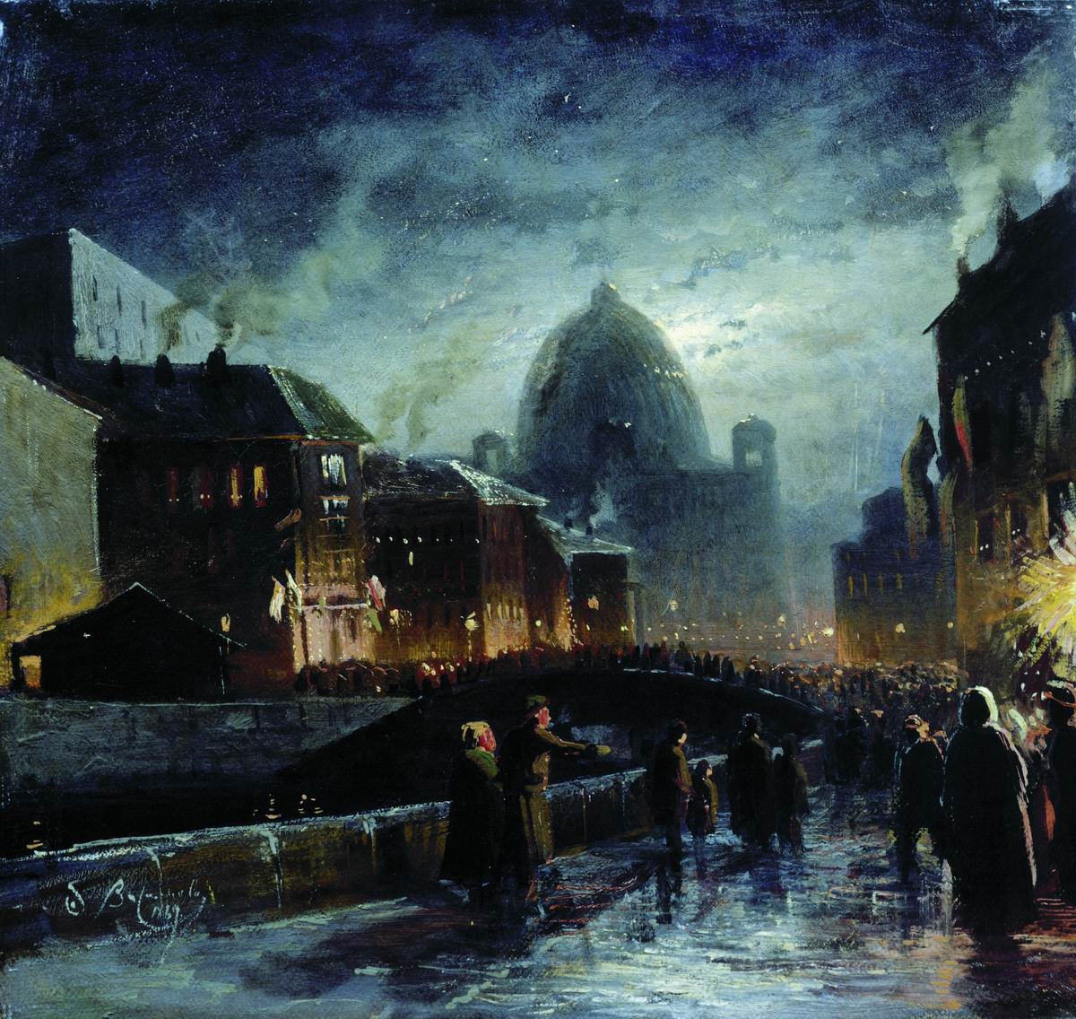 The first street lighting in Russia appeared in St. Petersburg. The event is tied to the date of November 23, 1706. From that moment on, any major celebration would see lanterns hung on the building facades of the four main streets of the city. / Illumination in St. Petersburg, Fyodor Vasilyev