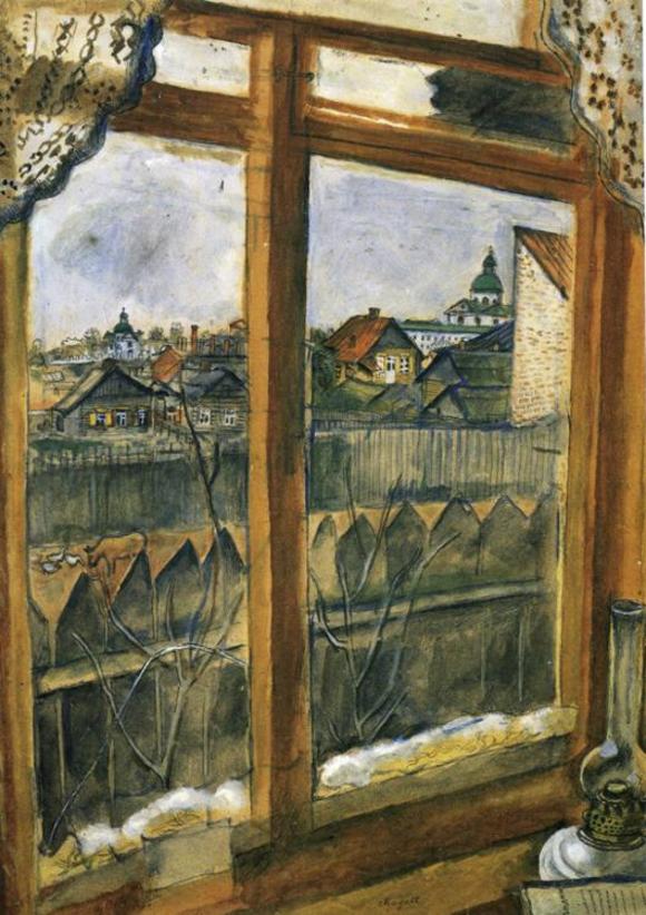 In 1917, during the Revolution, he returned to his native Vitebsk and opened an art school. / View from a Window. Vitebsk. Tretyakov Gallery, Moscow, 1914