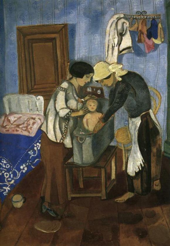 In 1920 Chagall returned to Moscow and found employment at the Jewish Chamber Theater, where he worked as an artistic designer. The following year Chagall worked as a teacher at a Jewish community school for homeless children. \ Bathing a Baby. State Historical and Architectural Museum, Pskov, Russia, 1916