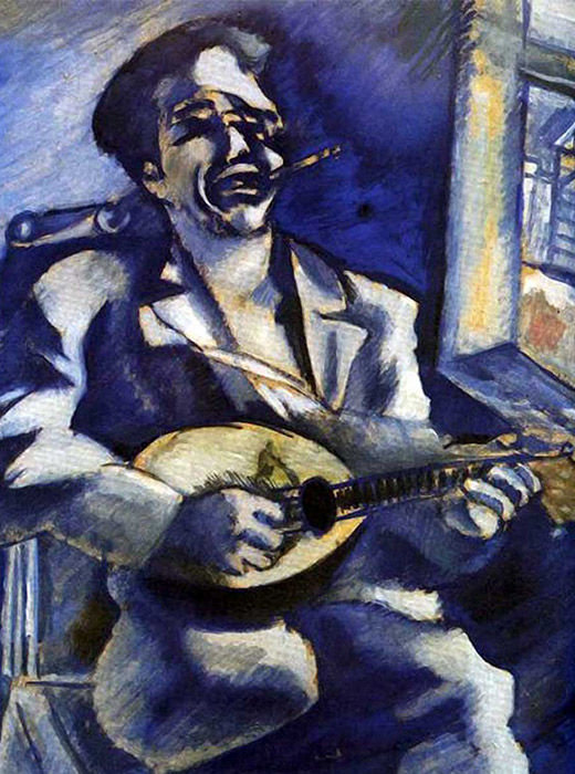"Ho dipinto il tuo ritratto, David. Stai ridendo di cuore, i denti scintillanti, reggendo un mandolino. Tutto è sui toni del blu" / Ritratto del fratello David con il mandolino, Galleria d'Arte di Primorsky Kray, Vladivostok, Russia, 1914