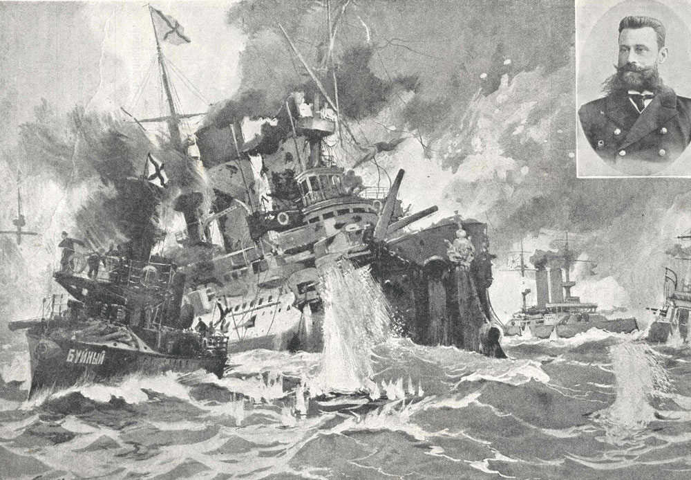 駆逐艦「ブイヌイ」が、沈没した装甲艦「ボロジノ」から負傷したロジェストヴェンスキー提督を救出