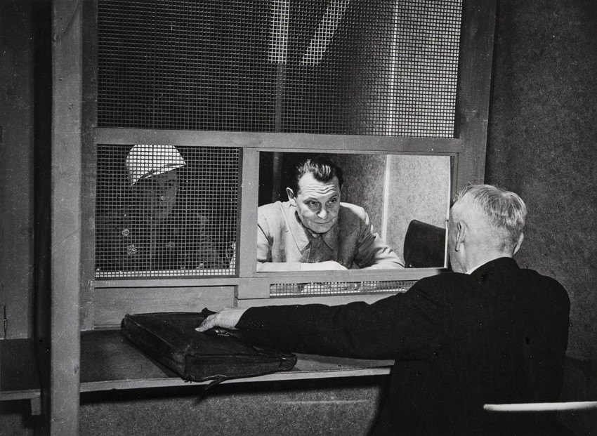 Khaldei’s images, which included haunting portraits of top Nazis in the dock at the post-war Nuremberg Trials, have been hailed as being among the greatest photography of World War II.  / Hermann Wilhelm Goering Meeting His Lawyer. Nuremberg, 1945.