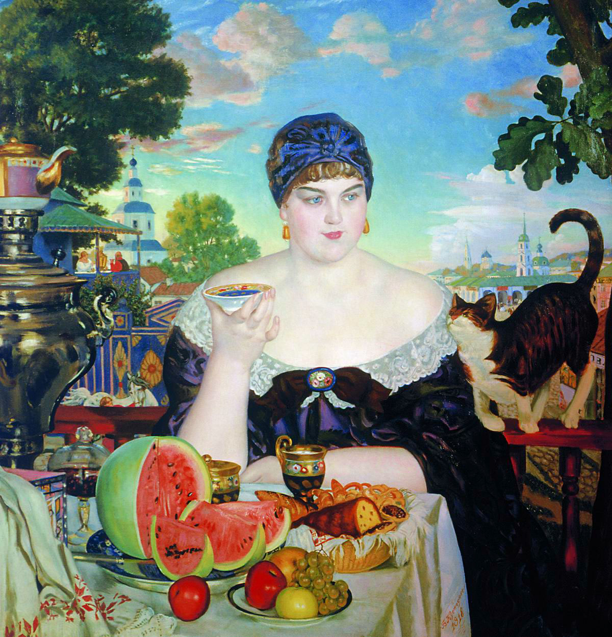 Boris Kustotiev stvorio je karakterističnu vrstu Ruskinja u slikarstvu: Trgovčeva žena, Djevojka na Volgi, Ljepota. Te slike prožete su autorovim divljenjem, ali i blagom ironijom./Trgovčeva žena pije čaj, Boris Kustodiev, 1918.