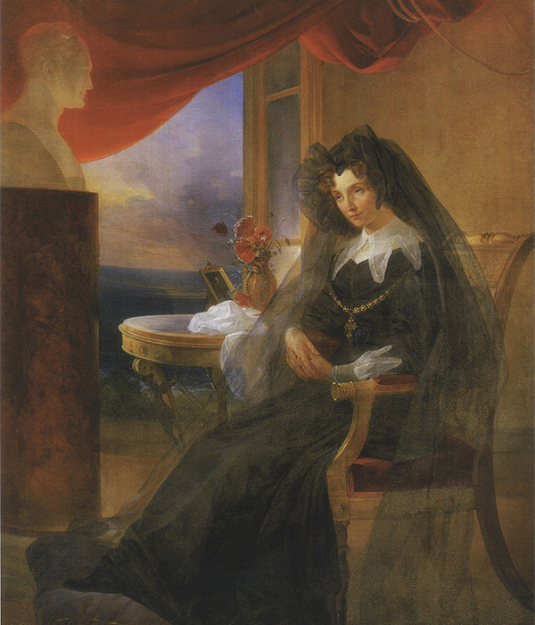 　エリザヴェータ・アレクセーエヴナ (1779〜1826) は、婚姻によりロシア皇帝アレクサンドル1世の皇后となった。彼女はカールスルーエ (現在ドイツ領) でツェーリンゲン家のバーデン大公女、ルイーゼ・マリー・アウグステ・フォン・バーデンとして生まれた。/ 亡くなった夫の半身像をみつめる喪中のエリザヴェータ・アレクセーエヴナ、ピョートル・バシン、1831年。