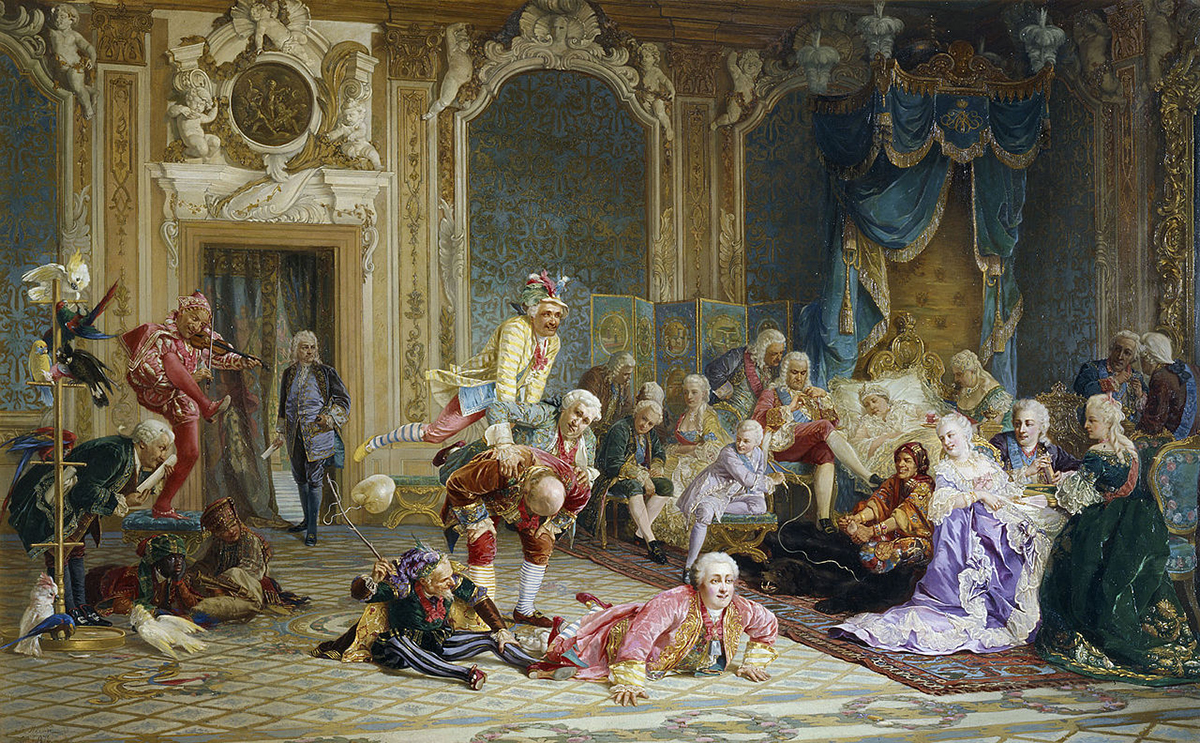 Die Komposition enthält 26 Figuren, die im Schlafzimmer Anna Iwanownas versammelt sind. Der Kaiserin ist nicht gut; sie ist im Bett und blickt auf die Hofnarren. / Narren am Hof der Kaiserin Anna, Walerij Iwanowitsch Jacobi, 1872.