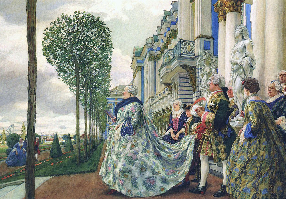 Elizaveta Petrovna (1709 – 1726) merupakan permaisuri yang berkuasa dari 1741 hingga 1761, menduduki tahta setelah revolusi istana. Putri Peter yang Agung ini lahir dua tahun sebelum ayahnya menikahi Yekaterina I secara resmi. / Permaisuri Elizaveta Petrovna di Tsarskoye Selo (bekas kediaman keluarga kerajaan Rusia, 24 km di selatan Sankt Peterburg), Yevgeny Lansere, 1905. 