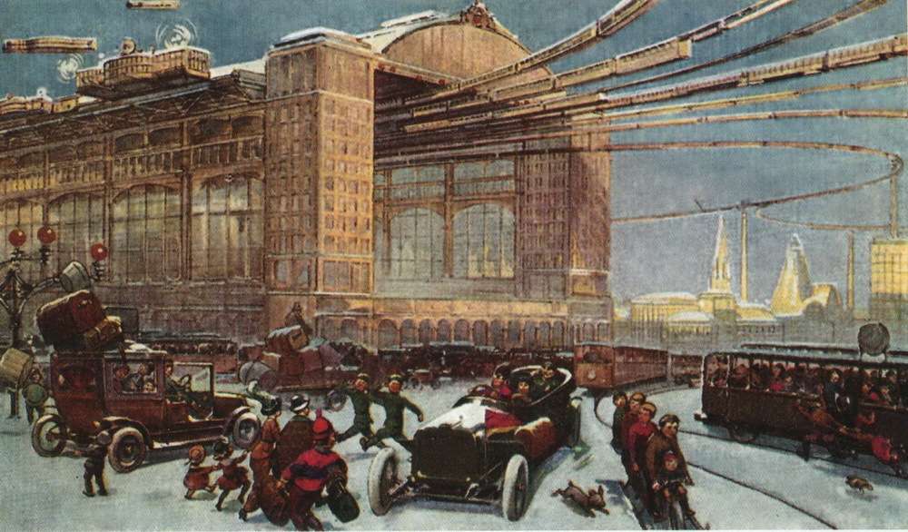 „Зимата е същата, както и в наши дни, преди 200 години. Снегът е същият - бял и студен. На картината е Централната гара за наземен и въздушен транспорт. Десетки хиляди души идват и си отиват, всичко се движи изключително бързо, систематично и плавно. Пътниците, които желаят, могат да пътуват със скоростта на телеграма“.