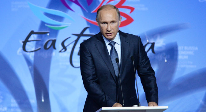 Russian President Vladimir Putin speaks at the opening of the first Eastern Economic Forum in Vladivostok. Source: Mikhail Voskresenskiy/RIA Novosti 