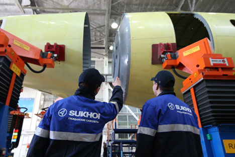 Assembling the fuselage of a hundredth passenger airplane Sukhoi Superjet 100 at the Gagarin Aircraft Manufacturing Enterprise in Komsomolsk-on-Amur