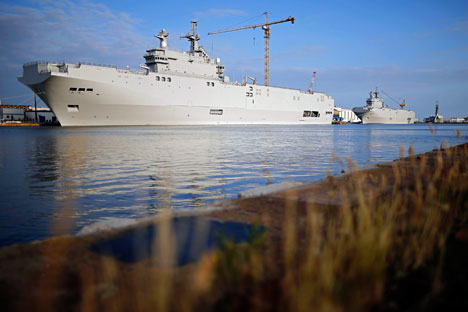 Two Mistral-class helicopter carriers Sevastopol (L) and Vladivostok are seen at the STX Les Chantiers de l'Atlantique shipyard site in Saint-Nazaire, western France, May 21, 2015. 