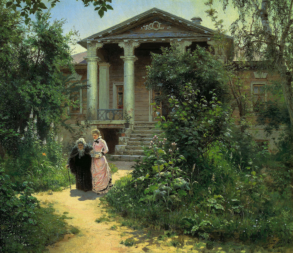 Summer in Russia is extremely short. Back in the times, it was the season of work and play, in the Far North the sun never went down./Grandma's garden, 1878, Vasily Polenov.