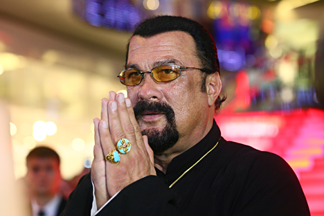 American actor Steven Seagal at the star unveiling ceremony for the actor on the Moscow Alley of Glory in Moscow’s VEGAS trade centre. Source: Alexander Shcherbak/TASS