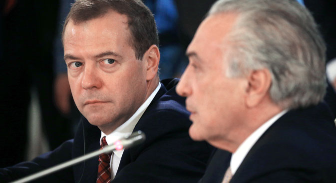 Russian Prime Minister Dmitry Medvedev, left, and Federal Republic of Brazil's Vice President Michel Miguel Elias Temer at a news conference on the results of the 7th meeting of the Russian-Brazilian High-Level Commission on Cooperation that is held in Moscow.