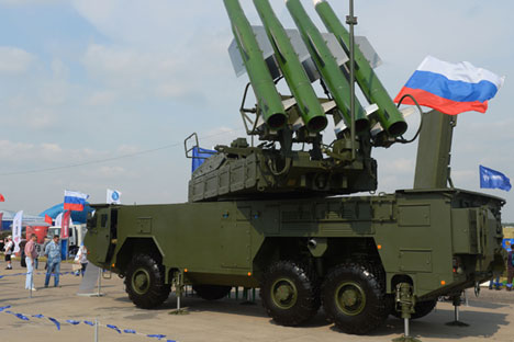 A BUK-M2E surface-to-air missile system on display during the International Aerospace Salon (MAKS 2015) in Zhukovsky near Moscow.
