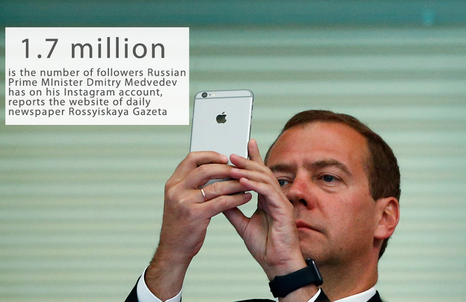 1.7 million is the number of followers Russian Prime MInister Dmitry Medvedev has on his Instagram account, reports the website of daily newspaper Rossyiskaya Gazeta.The figure makes Medvedev the most popular user of the well-known American social network among all his political contemporaries in Russia.In second place is the Chechen leader Ramzan Kadyrov, who has 1.2 million followers.Russia's president Vladimir Putin has no personal account on Instagram.