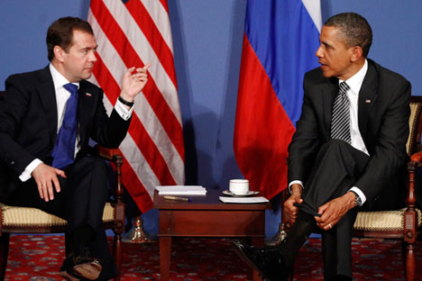 Barack Obama and Dmitry Medvedev speak during the G8 Summit in Deauville May 26, 2011. Source: Reuters