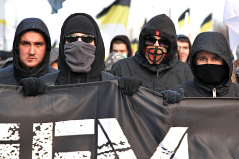 Participants in the Russian March in Moscow's Lyublino.