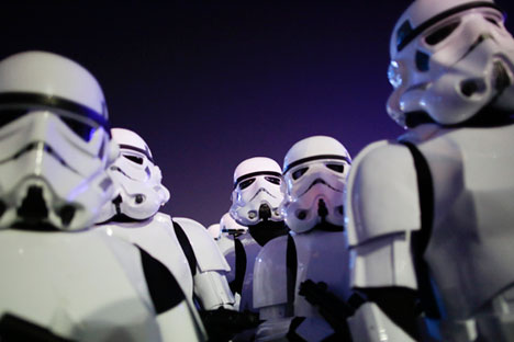 People dressed as Stormtroopers parade during a campaign of the Star Wars "The Force Awakens" film at the Rock in Rio music festival in Rio de Janeiro, Brazil, Sept. 19, 2015. Source: AP