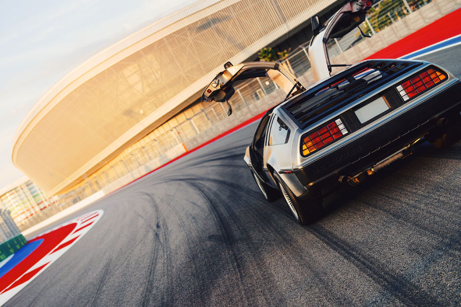 The car DeLorean DMC-12 on the track "Sochi racetrack." October 21 is celebrated by fans of the cult film "Back to the Future" around the world as the day in which the characters come from the past in a time machine constructed on the basis of the car DeLorean DMC-12.