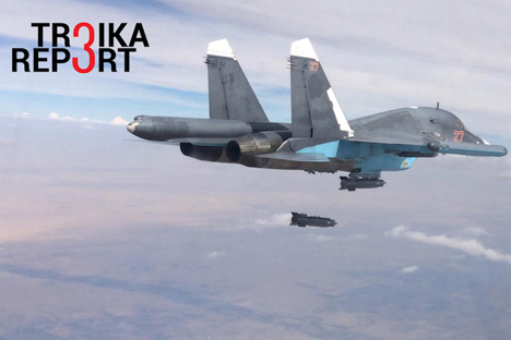 Russia's Sukhoi Su-34 fighter aircraft carries out an air strike in the ISIS controlled Al-Raqqah Governorate, Oct. 9