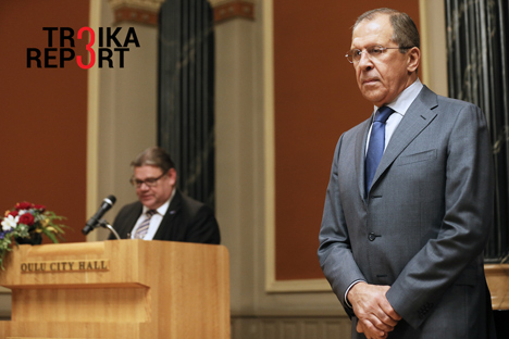 Russia's foreign minister Sergei Lavrov and Finland's foreign minister Timo Soini at a ceremony at Oulu townhall to mark the hand-over of the Barents Euro-Arctic Council chairmanship from Finland to Russia, Oct. 14. 