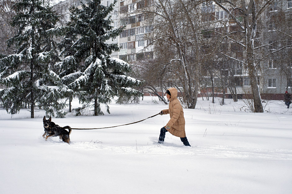 Eine Frau und ihr Hund genießen einen kühlen Spaziergang durch Omsk.