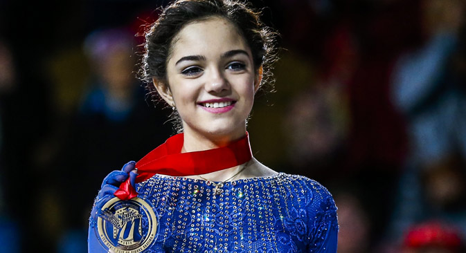 Evgenia Medvedeva of Russia poses with her gold medal in the ladiesfree skating program during the Ladies medal ceremony at the 2015 ISUProgressive Skate America Grand Prix at the UMW Panther Arena inMilwaukee, Wisconsin, USA.