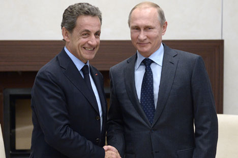 Russia. Moscow region. 29 October 2015. The ex-president of France, the French leader of the opposition party "The Republicans" Nicolas Sarkozy and Russian President Vladimir Putin (left to right) during a meeting in Novo-Ogaryovo.
