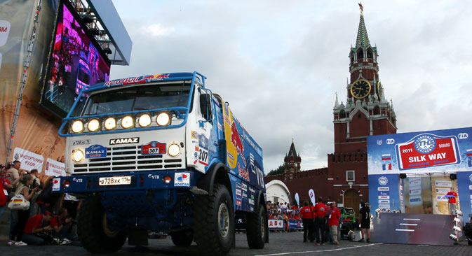 Russia. Moscow. July 10. The truck "KAMAZ" (№ 307) of the Russian team "KAMAZ-Master" at the opening ceremony of the rally-raid "Silk Road - 2011" in Red Square.