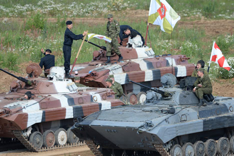 BMP-2 infantry fighting vehicles during the Tank Biathlon-2014 competitions.