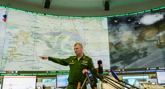 Russian Defense Ministry Spokesperson Major General Igor Konashenkov gives a press briefing at the National Defense Management Center in Moscow.