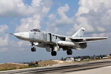 A Russian Air Force Sukhoi Su 24M jet takes off from Hmaimim Air Base.
