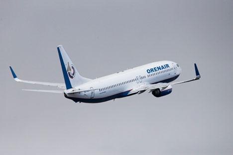 A Boeing 737 jetliner belonging to Orenburg airlines takes off at Vnukovo airport outside Moscow, Russia, Tuesday, April 21, 2015.