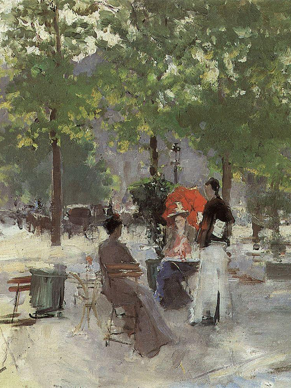 　1890年代後半にコローヴィンは、パリのカフェや並木道を描いた一連の作品を制作した。これらの作品は、印象主義の原則を連続的に展開したものだ。この画家は、光と空気に惹かれた。彼の作品は、遠方の透視面のかすみの中に溶け込む湿気に満ちた空気をとらえている。/ 『パリのカフェ』、1890年。
