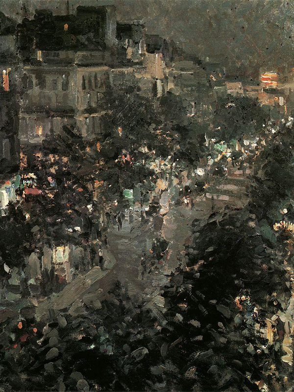 　『夜のパリ。イタリアン通り』、1908年。1890年代のコローヴィンの主なテーマは、パリからの刺激を受けたものだった。彼は、影と黄色い光に包まれた夜のパリの並木道や、早朝の人影のない通りを描いた。